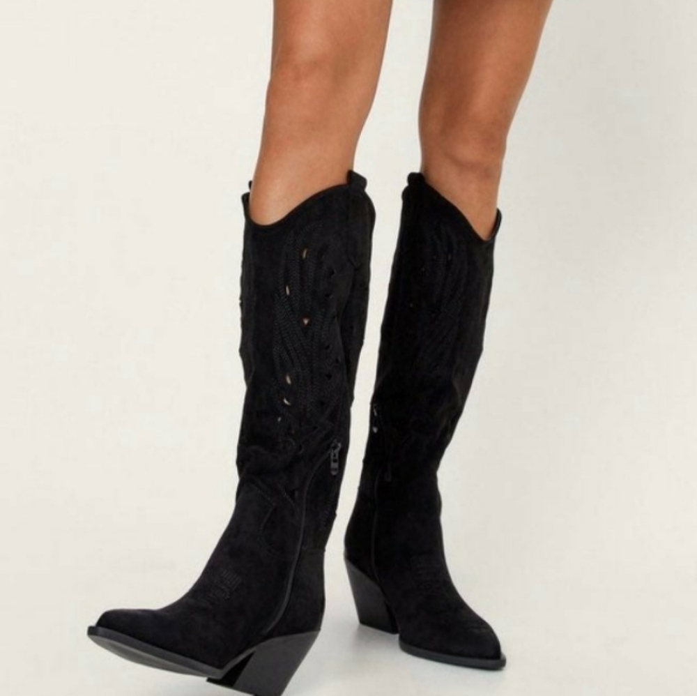 Faux Suede Embroidered Knee High Cowboy Boots